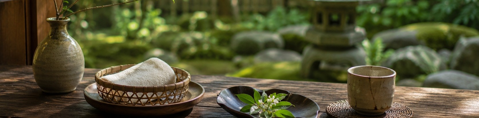 庭を背景に並ぶ湯飲みとタオル